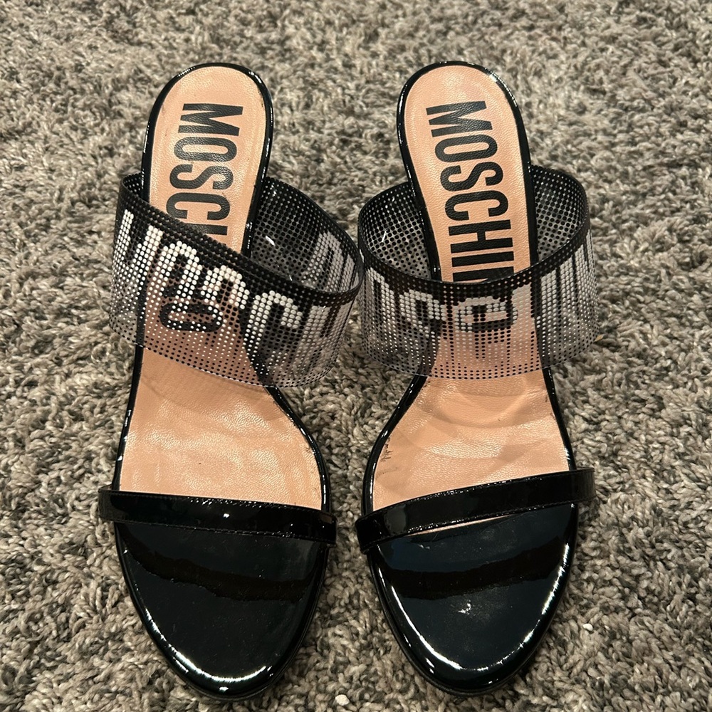 Moschino Black Patent Leather Sandals with Clear Logo Strap